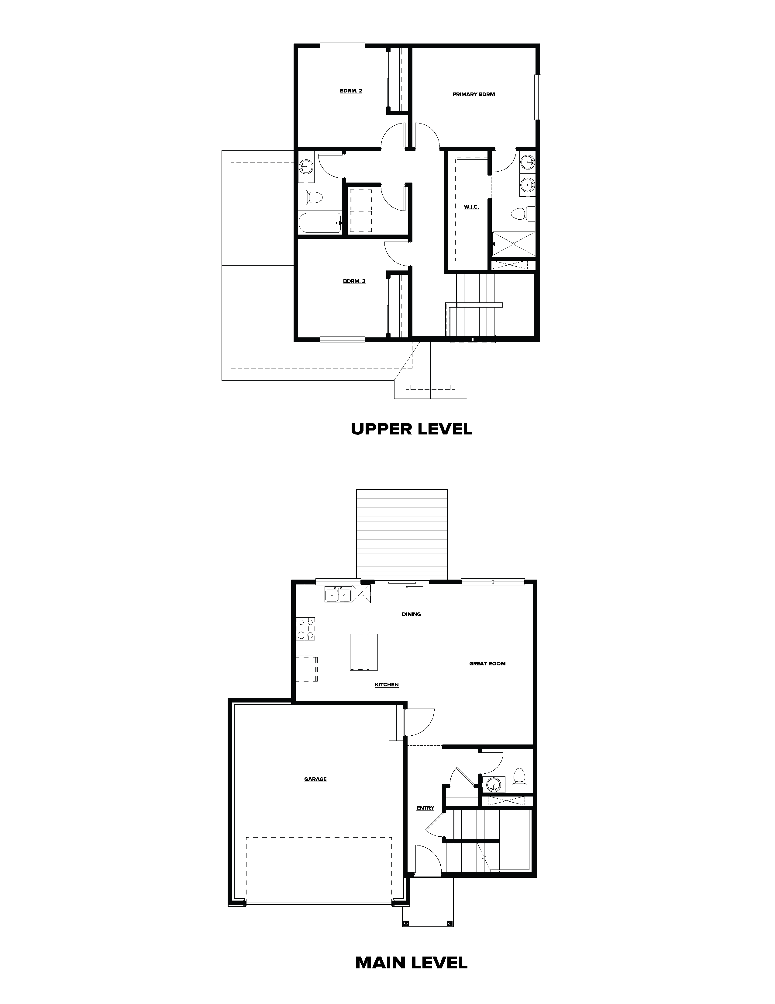 A black and white floor plan illustration showing two levels. The upper level includes three bedrooms and two bathrooms. The main level features a garage, kitchen, great room, and an additional bathroom.