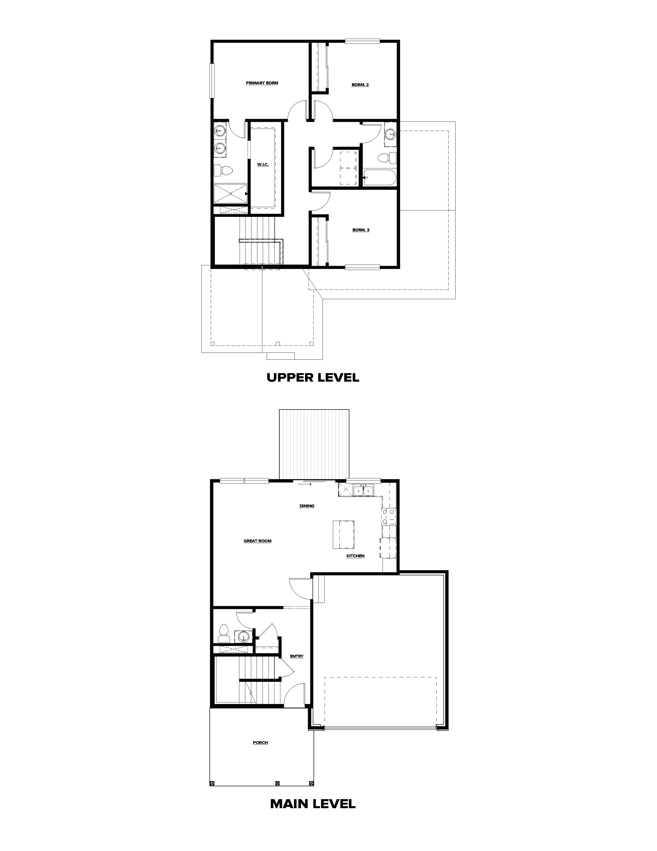 Floor plan showing two levels. The upper level has three bedrooms and two bathrooms. The main level features a kitchen, dining room, great room, foyer, bathroom, and garage. Each level has stair access and clear functional layouts.