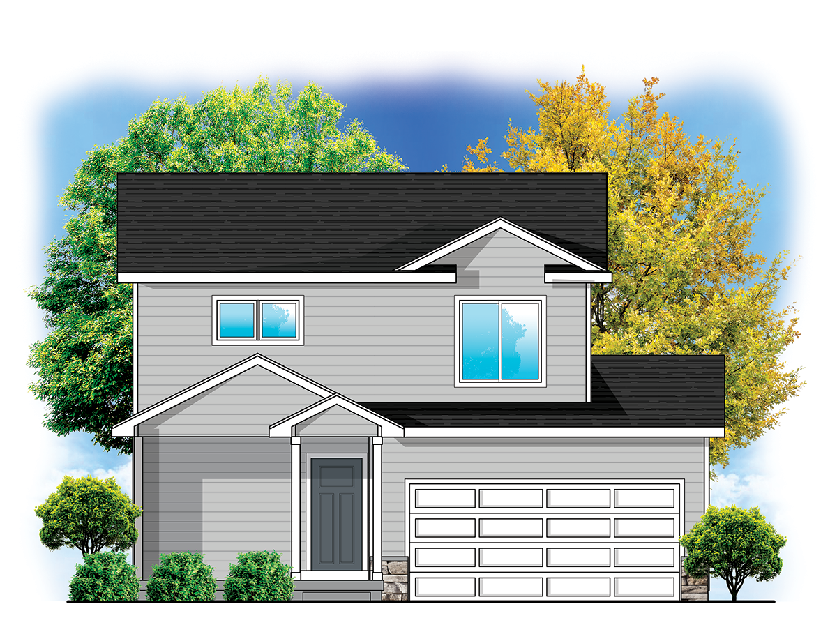 Illustration of a two-story, modern suburban house with a dark roof and gray siding. The front features a double garage and a small porch. Green and yellow-leaved trees are seen in the background against a bright blue sky.